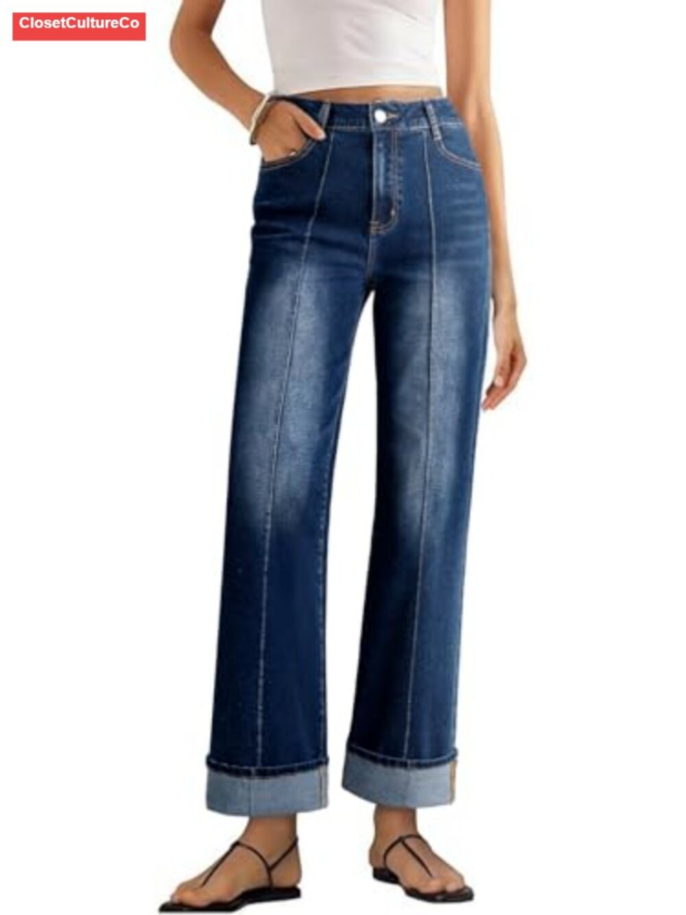 High Waisted Wide Leg Cuffed Jeans Stretchy Denim Pants Pockets